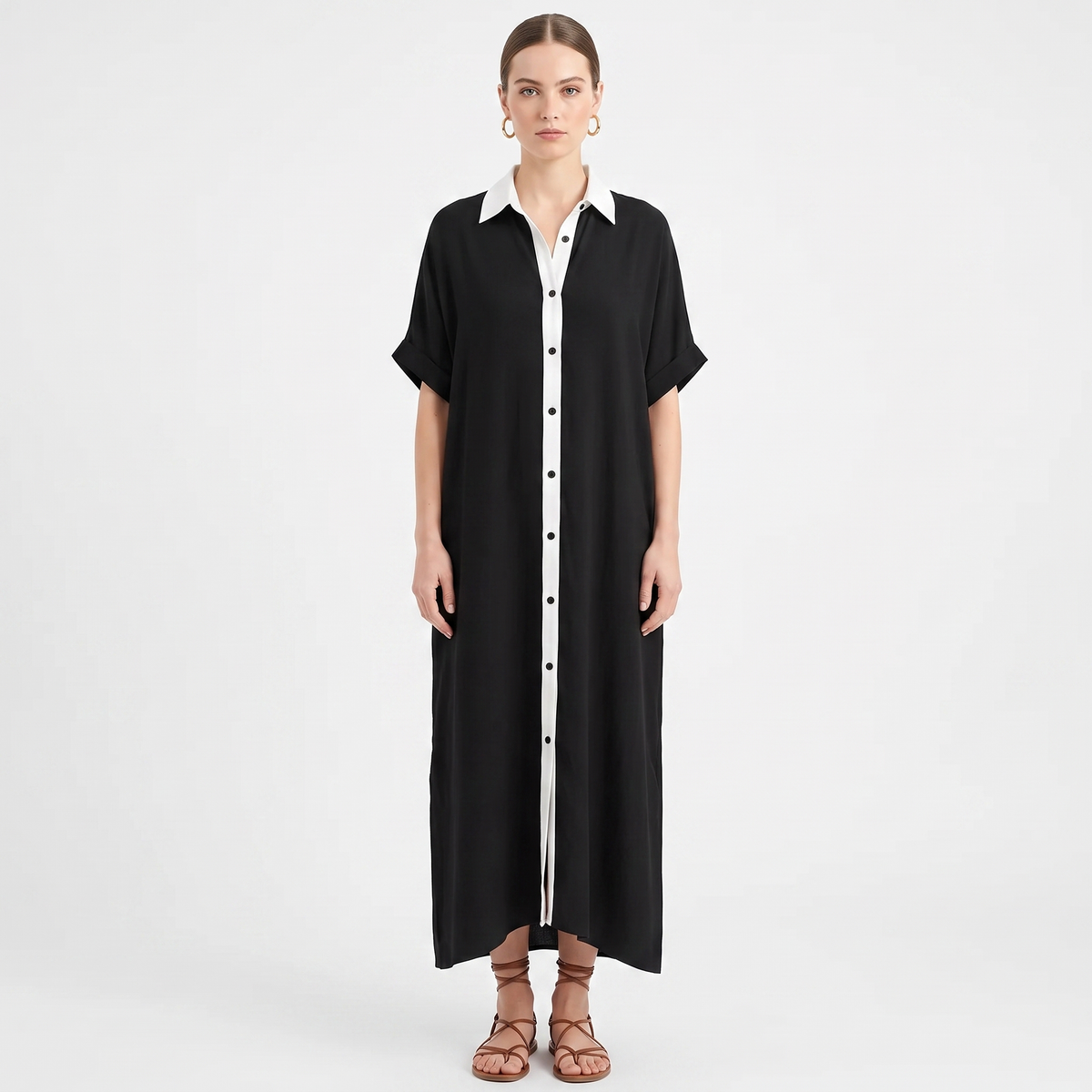 Women's Maxi Shirt Dress Long Sleeve Button Up Contrast Trim Kaftan