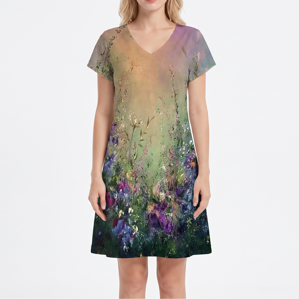Women's Printed T Shirt Dress V Neck Short Sleeve Relaxed Fit Midi
