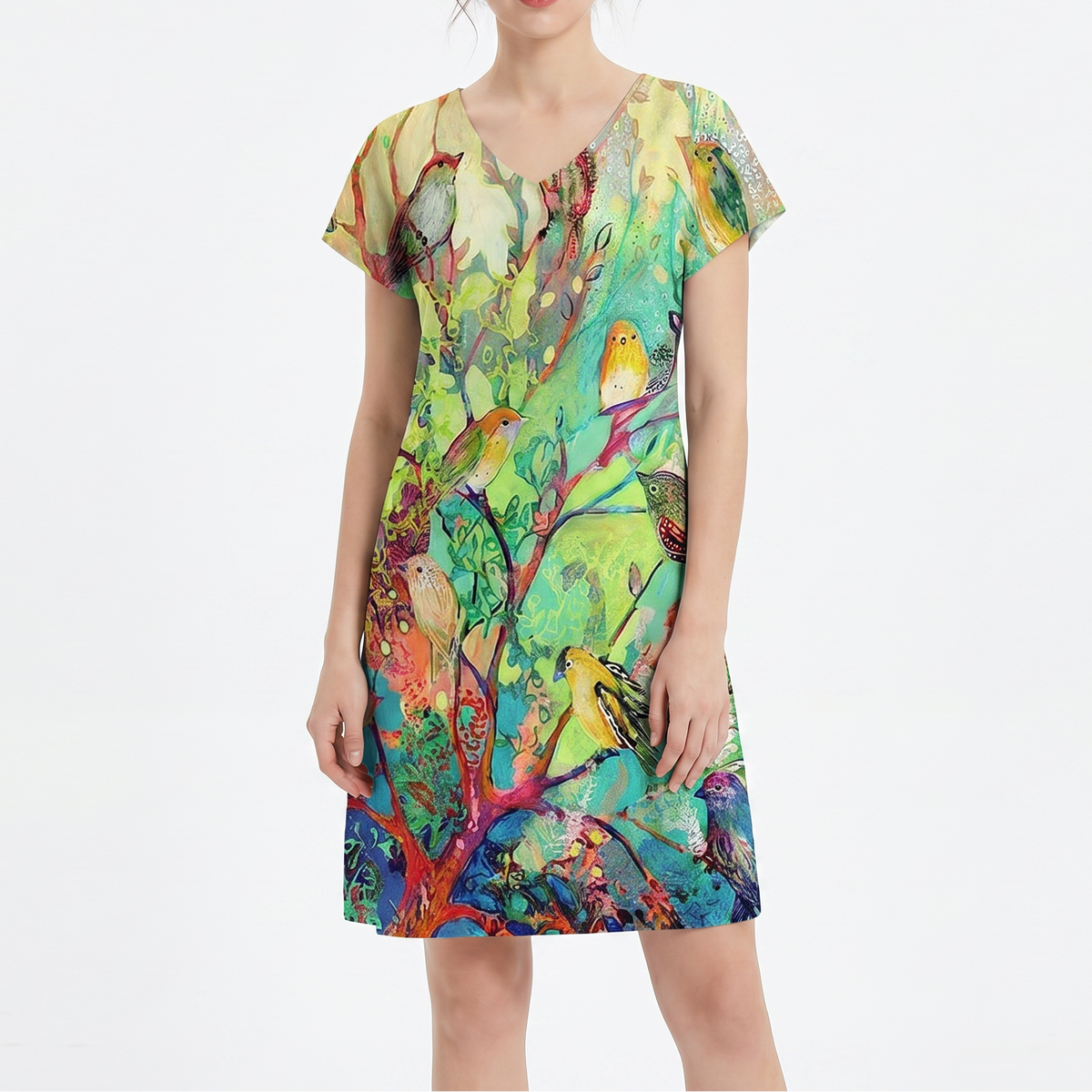 Women's Printed T Shirt Dress V Neck Short Sleeve Relaxed Fit Midi