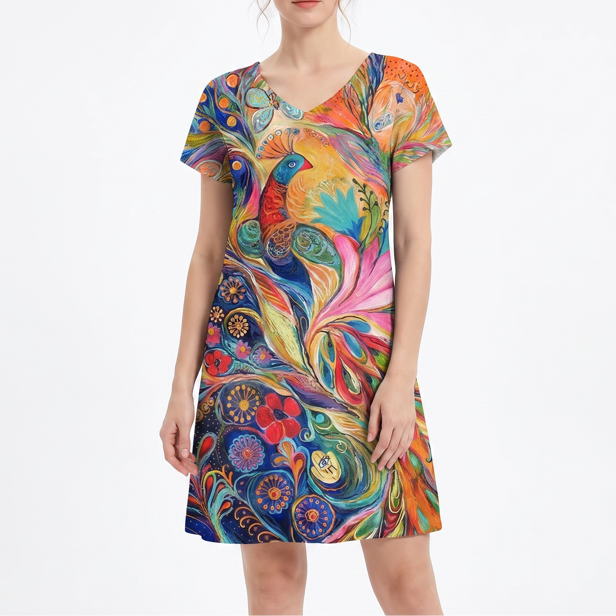 Women's Printed T Shirt Dress V Neck Short Sleeve Relaxed Fit Midi