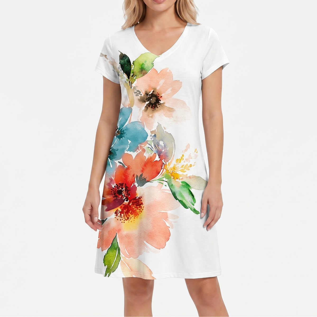 Women's Printed T Shirt Dress V Neck Short Sleeve Relaxed Fit Midi