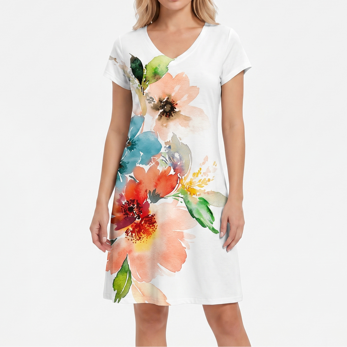 Women's Printed T Shirt Dress V Neck Short Sleeve Relaxed Fit Midi