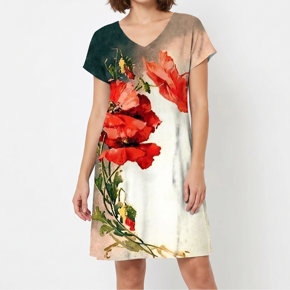 Women's Printed T Shirt Dress V Neck Short Sleeve Relaxed Fit Midi