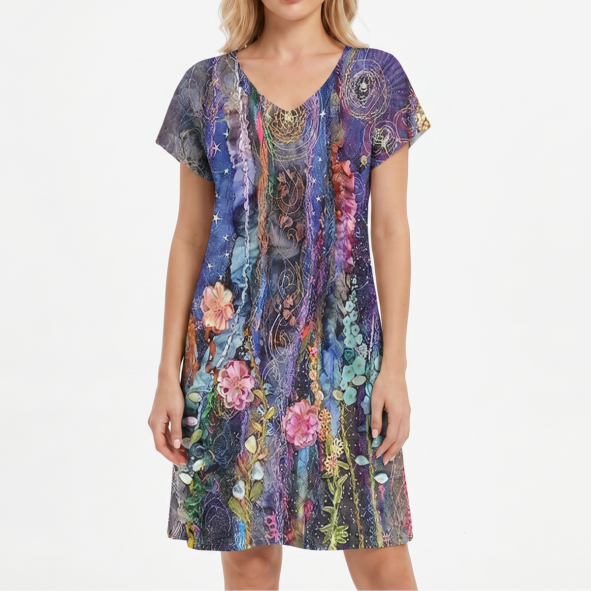 Women's Printed T Shirt Dress V Neck Short Sleeve Relaxed Fit Midi