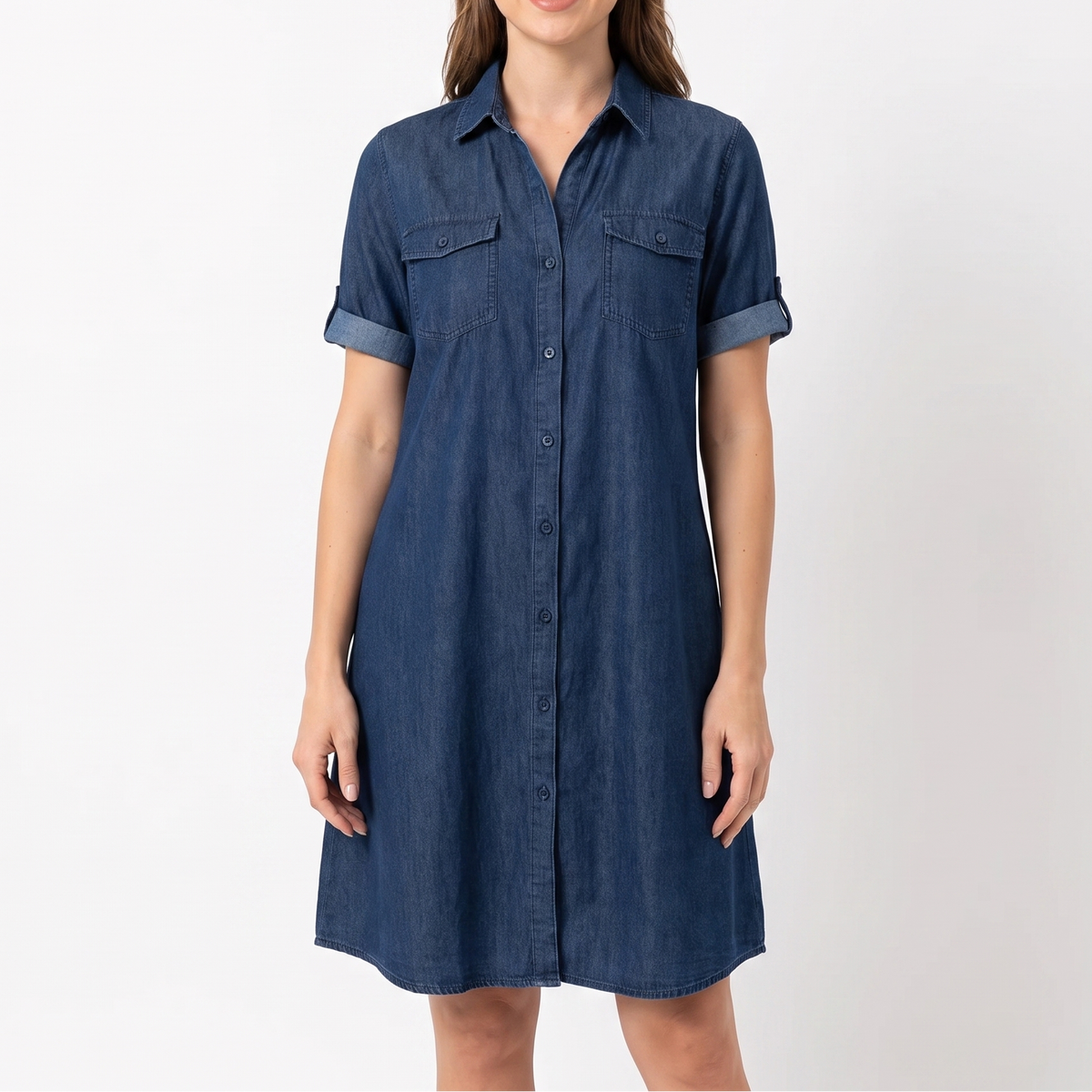Women's Denim Shirt Dress Short Sleeve Button Front Chest Pockets