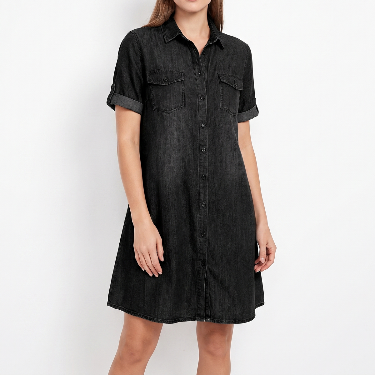 Women's Denim Shirt Dress Short Sleeve Button Front Chest Pockets