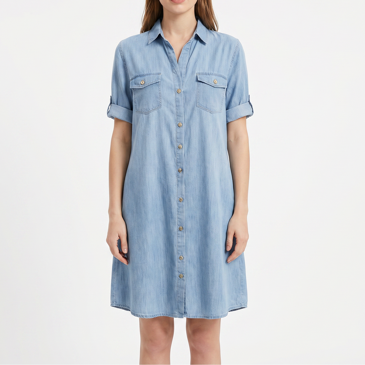Women's Denim Shirt Dress Short Sleeve Button Front Chest Pockets