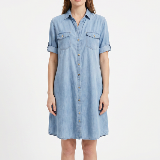 Women's Denim Shirt Dress Short Sleeve Button Front Chest Pockets