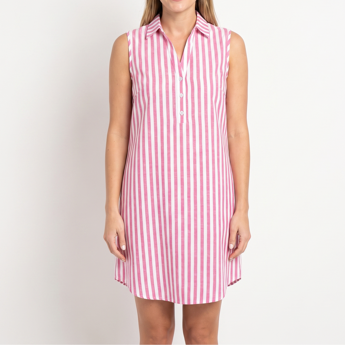 Women's Striped Shirt Dress Sleeveless Collared Button Front Linen