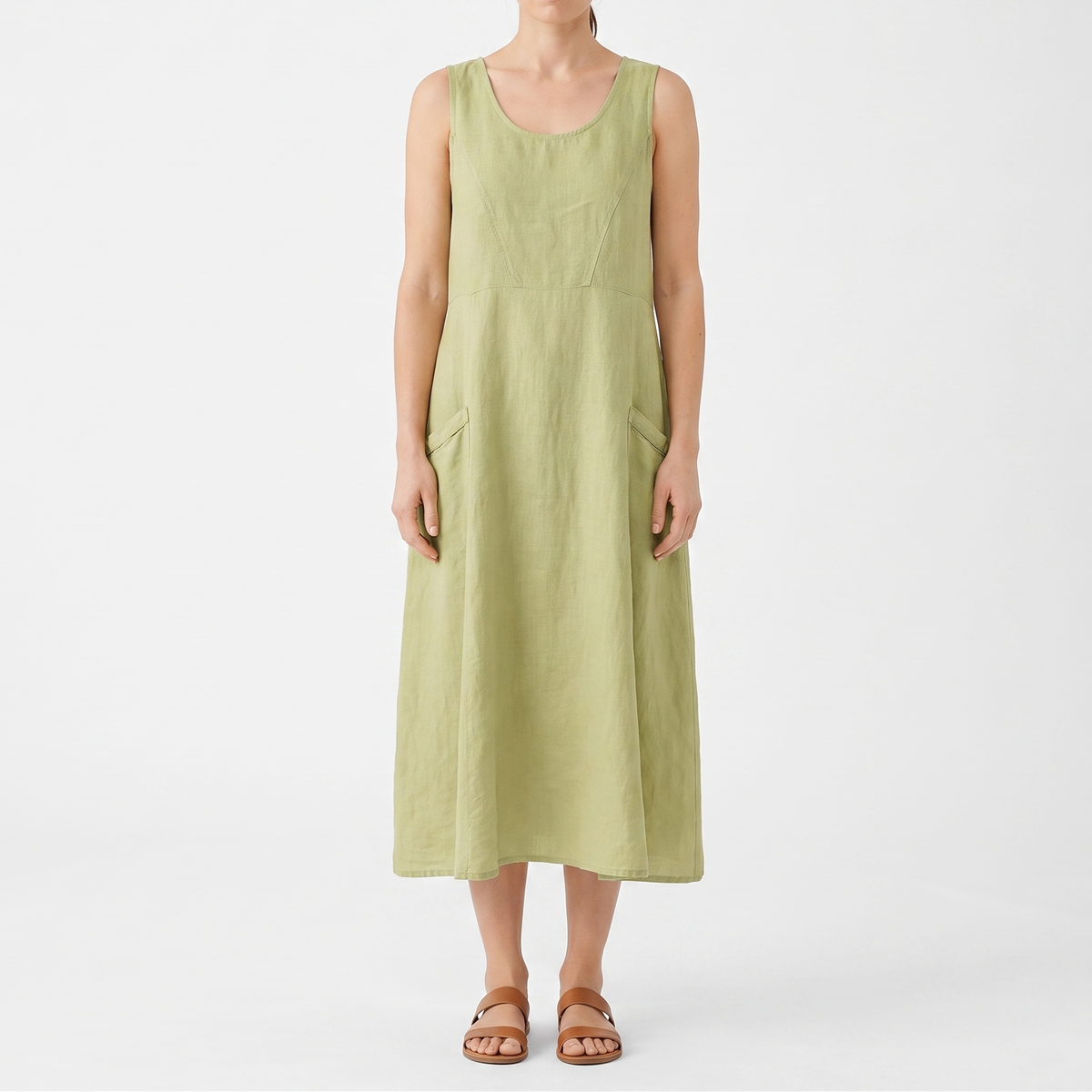 Women's Linen Maxi Dress Sleeveless Loose Fit Scoop Neck Pockets