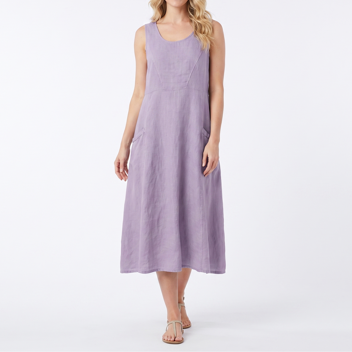 Women's Linen Maxi Dress Sleeveless Loose Fit Scoop Neck Pockets