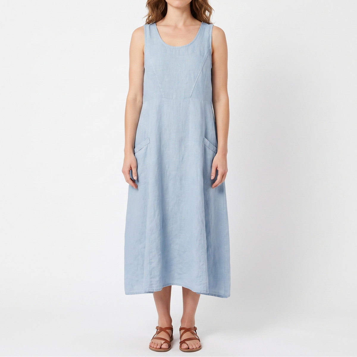 Women's Linen Maxi Dress Sleeveless Loose Fit Scoop Neck Pockets