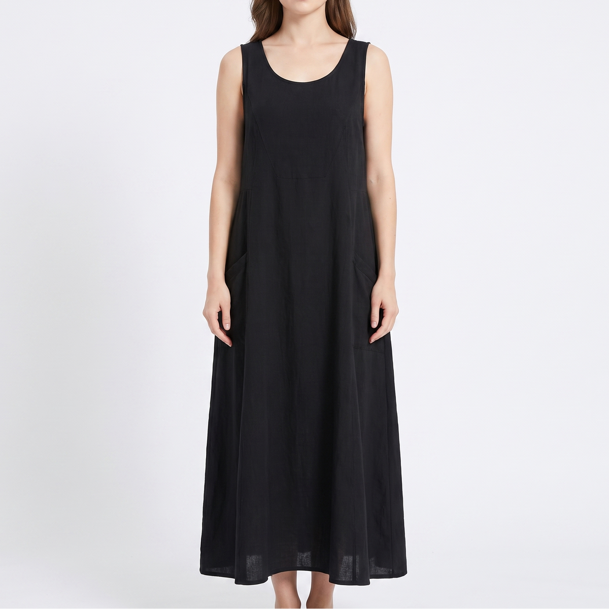 Women's Linen Maxi Dress Sleeveless Loose Fit Scoop Neck Pockets