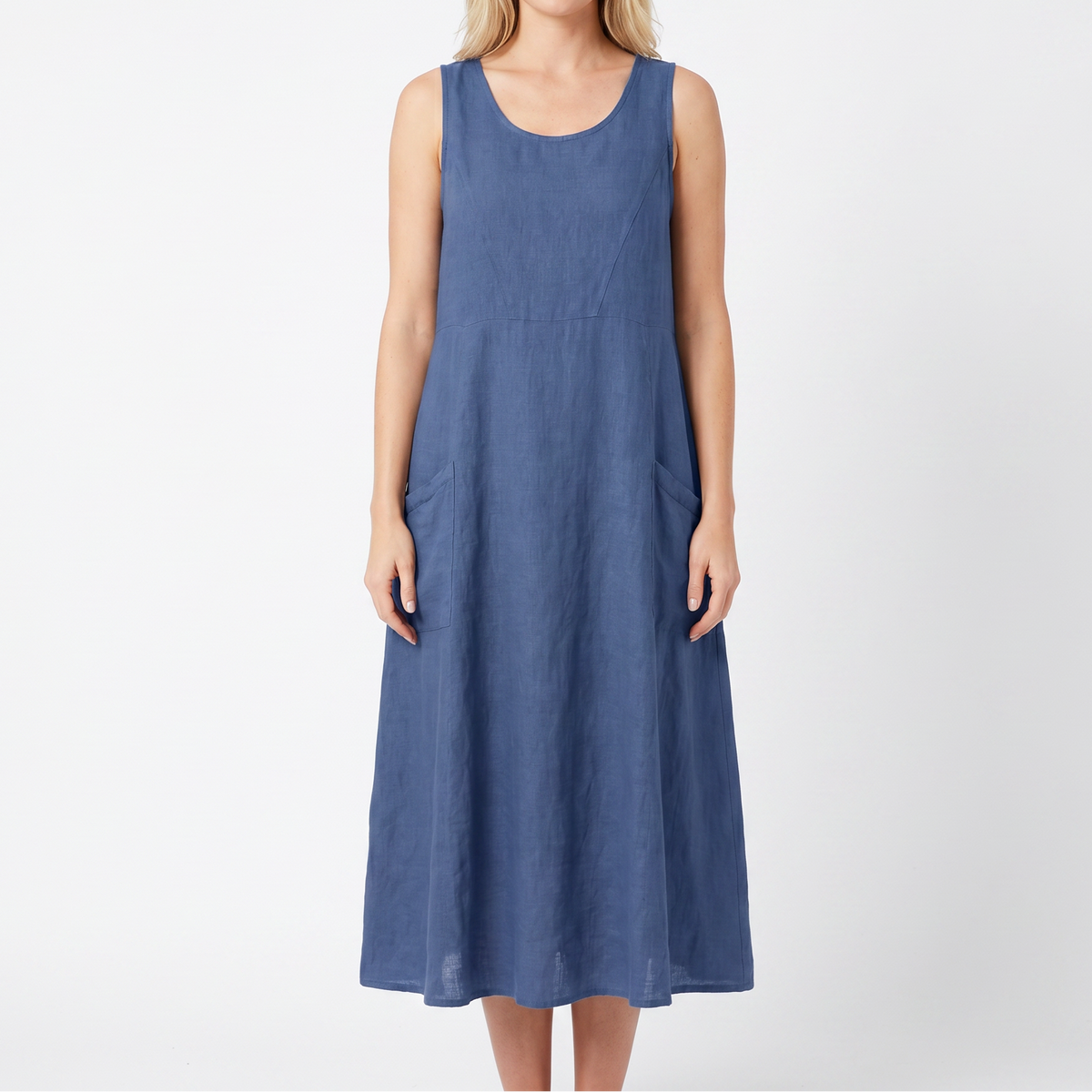 Women's Linen Maxi Dress Sleeveless Loose Fit Scoop Neck Pockets