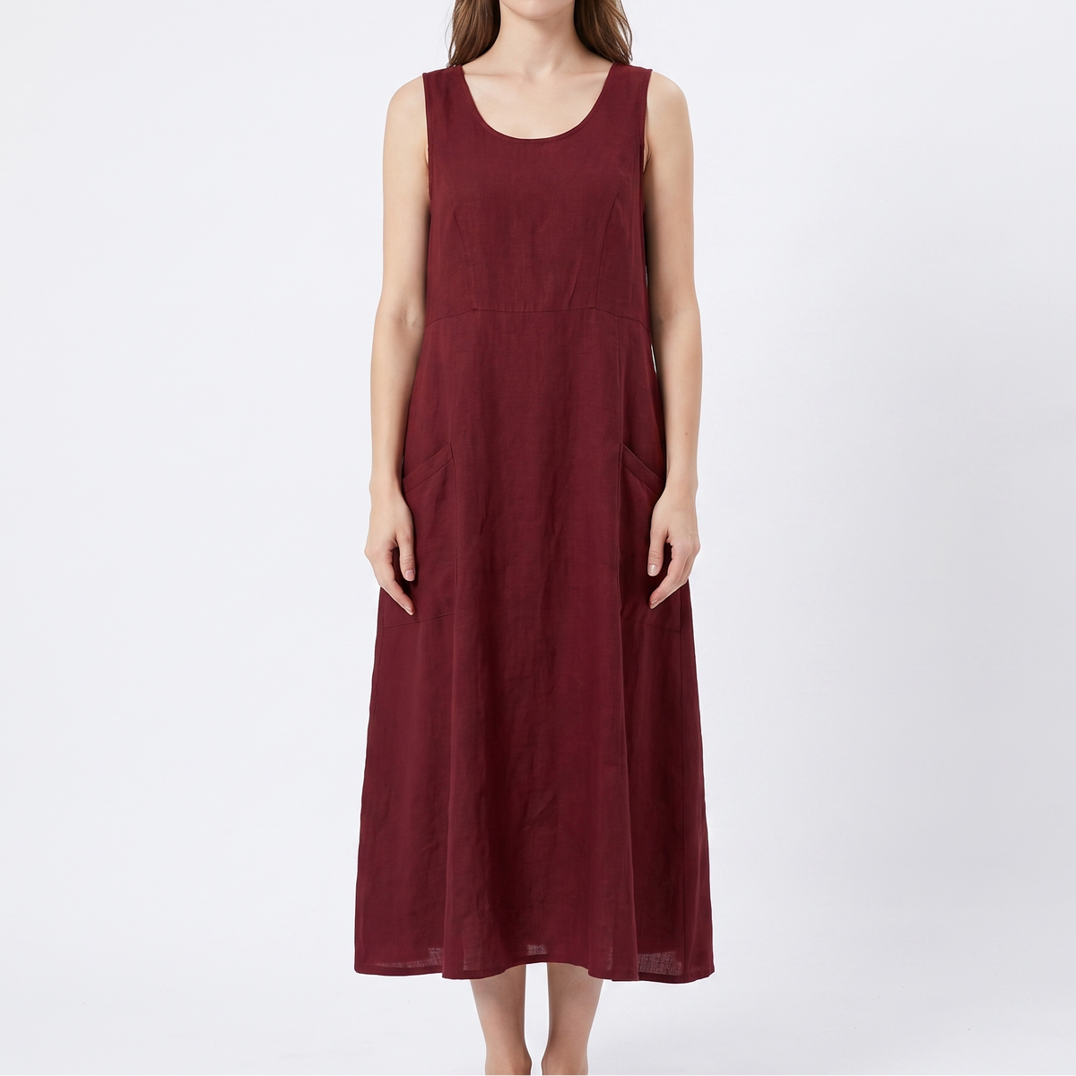 Women's Linen Maxi Dress Sleeveless Loose Fit Scoop Neck Pockets
