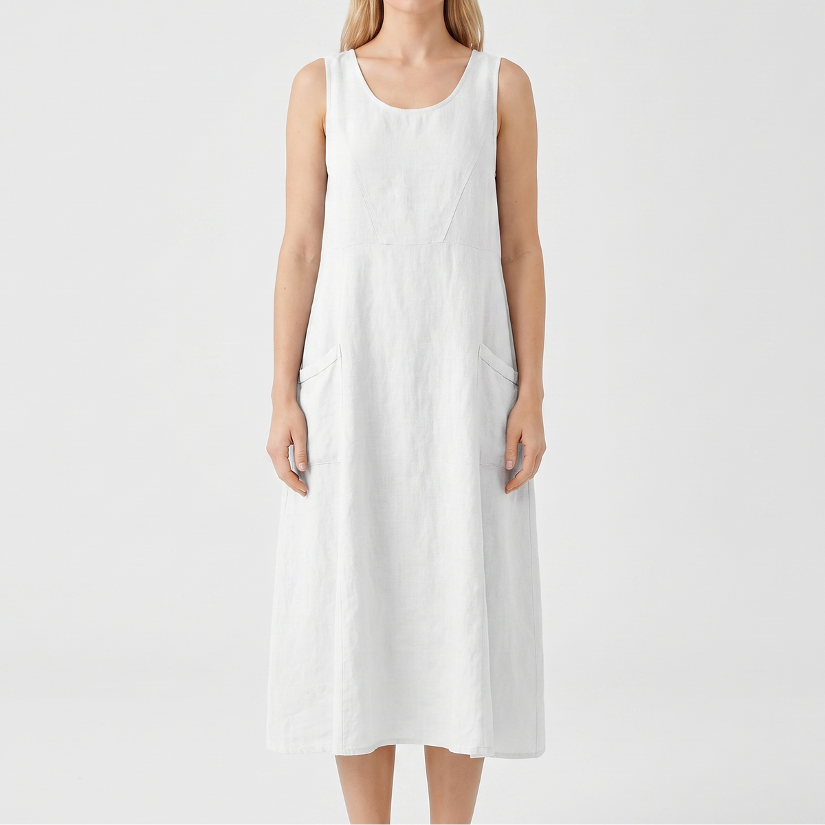 Women's Linen Maxi Dress Sleeveless Loose Fit Scoop Neck Pockets