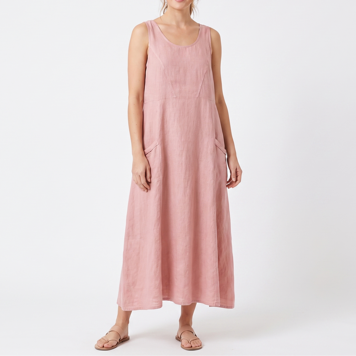 Women's Linen Maxi Dress Sleeveless Loose Fit Scoop Neck Pockets