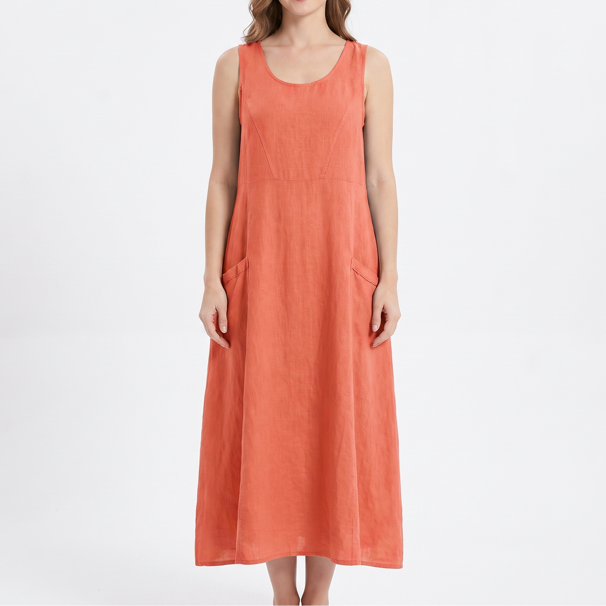 Women's Linen Maxi Dress Sleeveless Loose Fit Scoop Neck Pockets