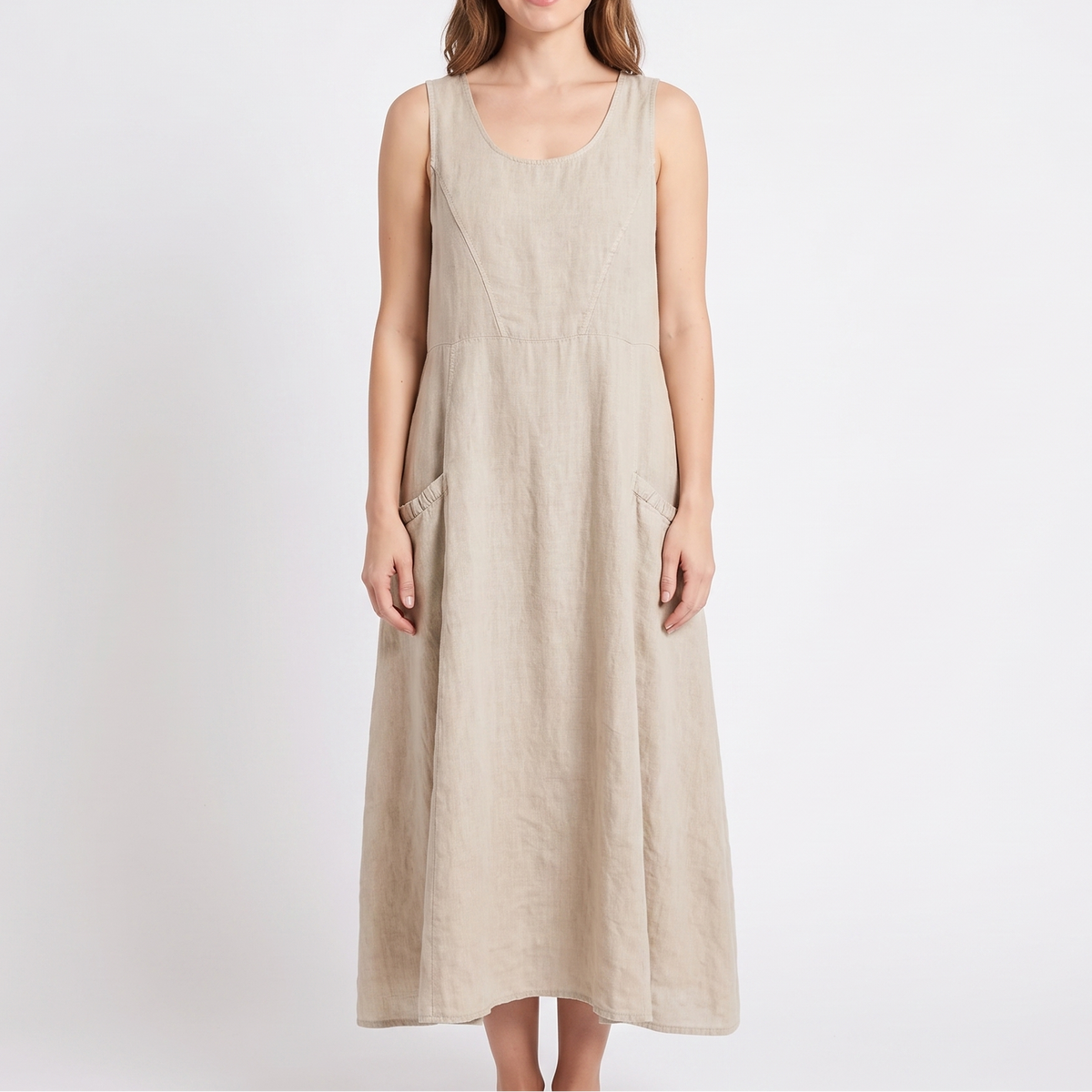 Women's Linen Maxi Dress Sleeveless Loose Fit Scoop Neck Pockets