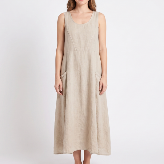 Women's Linen Maxi Dress Sleeveless Loose Fit Scoop Neck Pockets