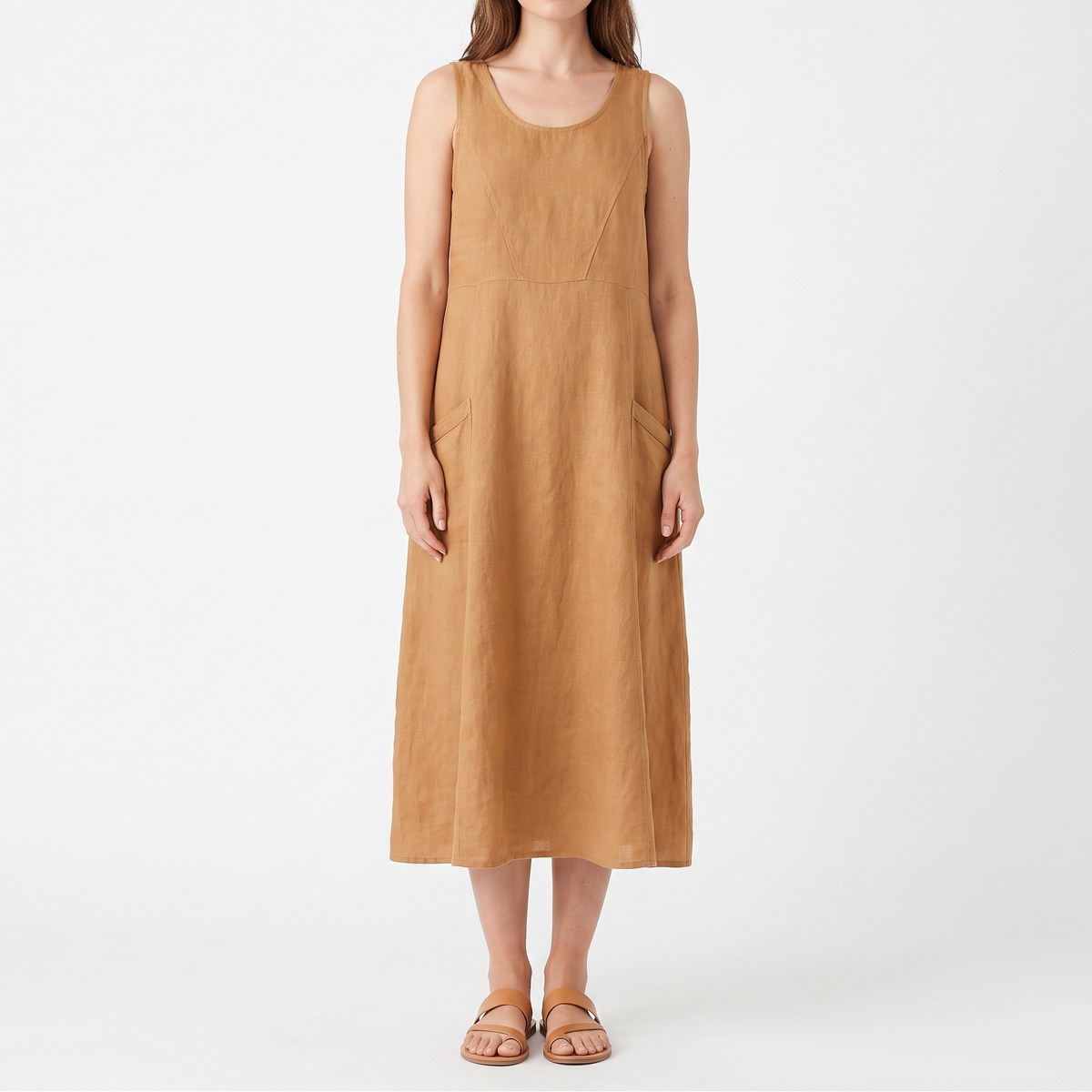 Women's Linen Maxi Dress Sleeveless Loose Fit Scoop Neck Pockets