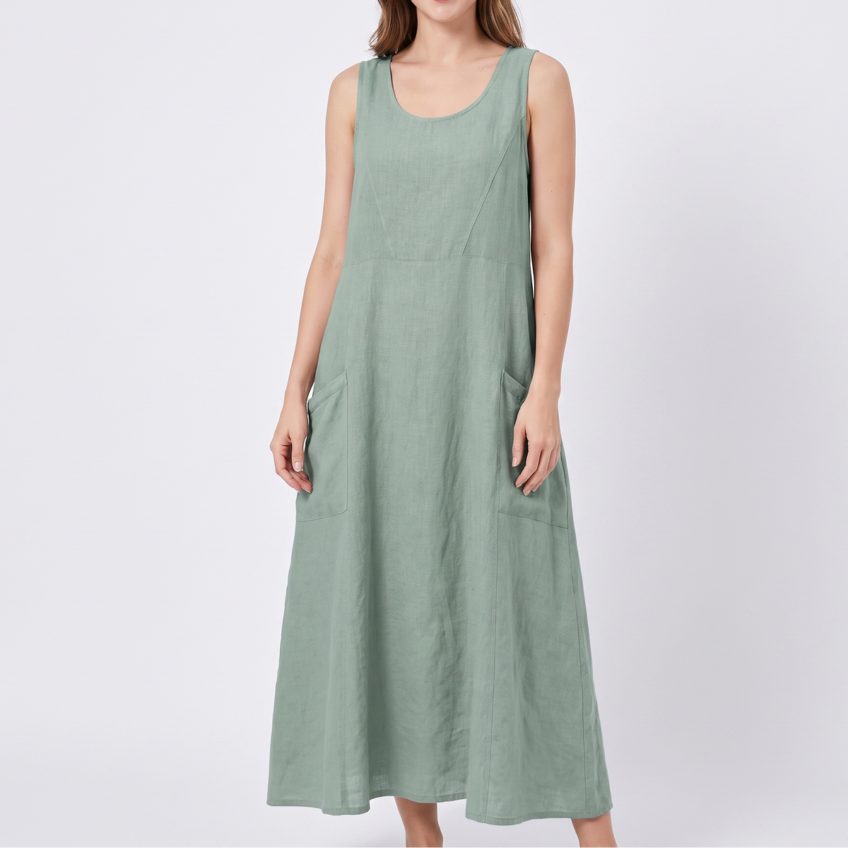 Women's Linen Maxi Dress Sleeveless Loose Fit Scoop Neck Pockets