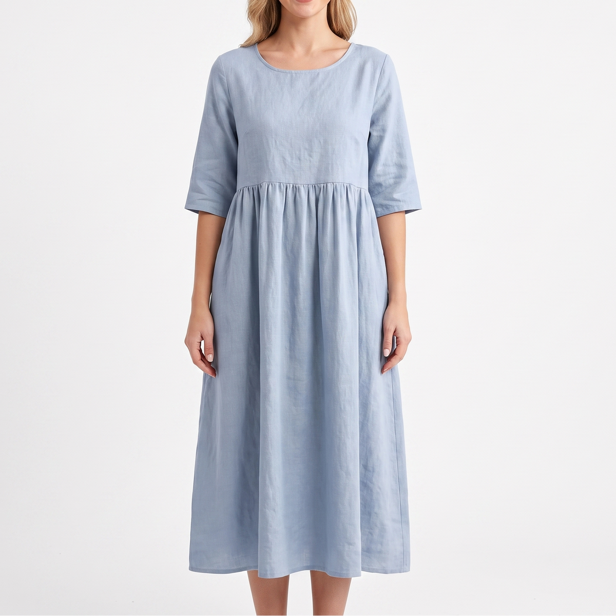 Women's Linen Maxi Dress Short Sleeve Empire Waist Relaxed Pockets