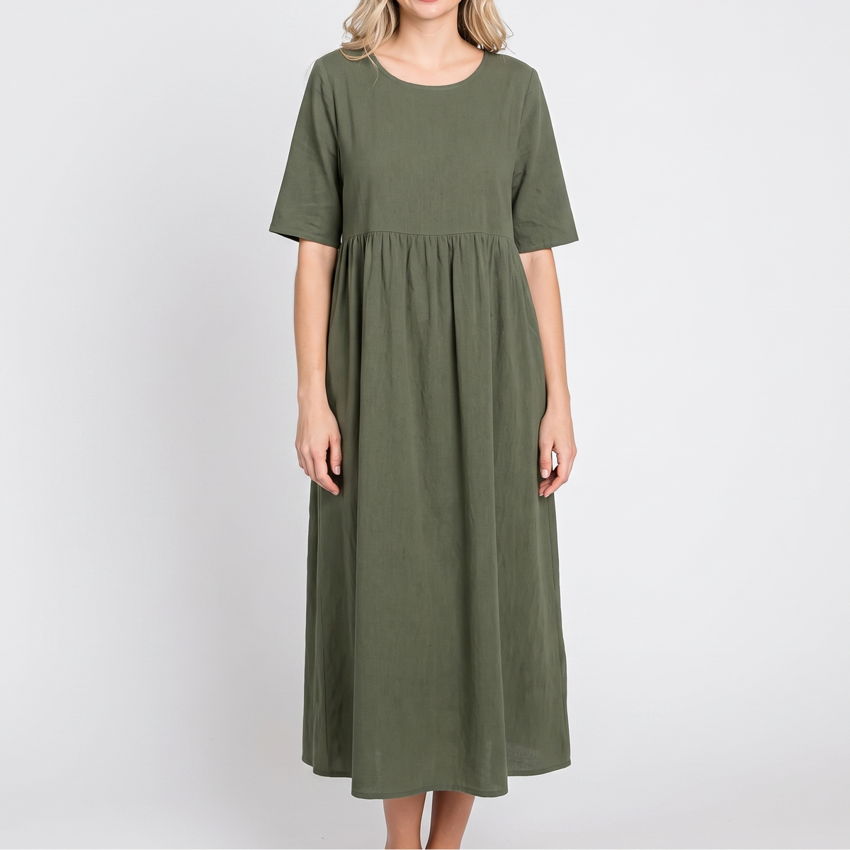 Women's Linen Maxi Dress Short Sleeve Empire Waist Relaxed Pockets