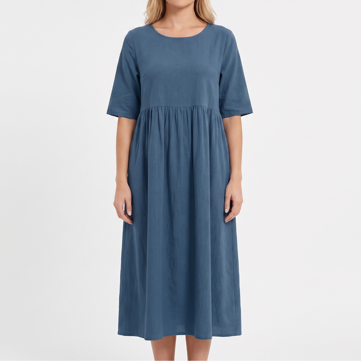 Women's Linen Maxi Dress Short Sleeve Empire Waist Relaxed Pockets