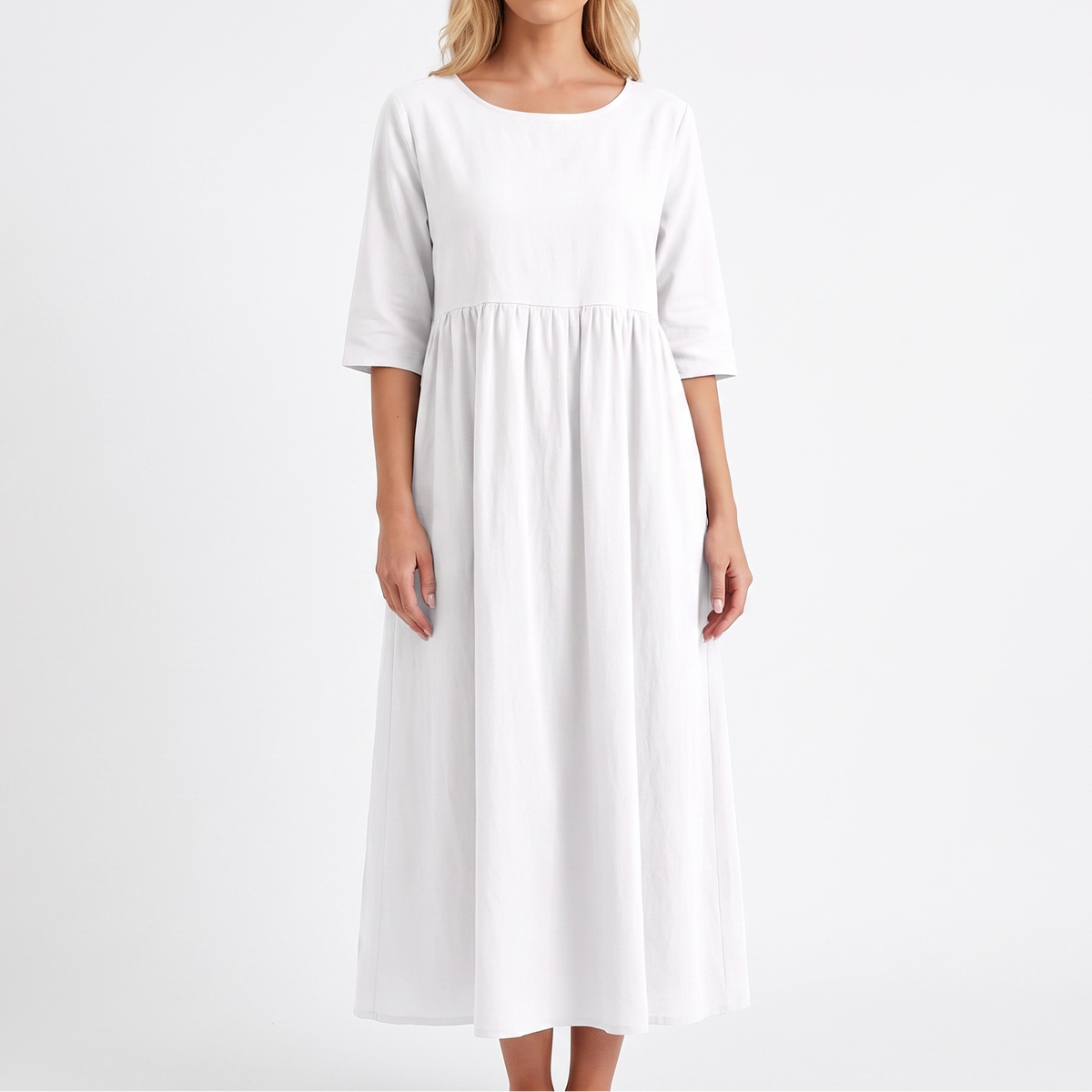Women's Linen Maxi Dress Short Sleeve Empire Waist Relaxed Pockets