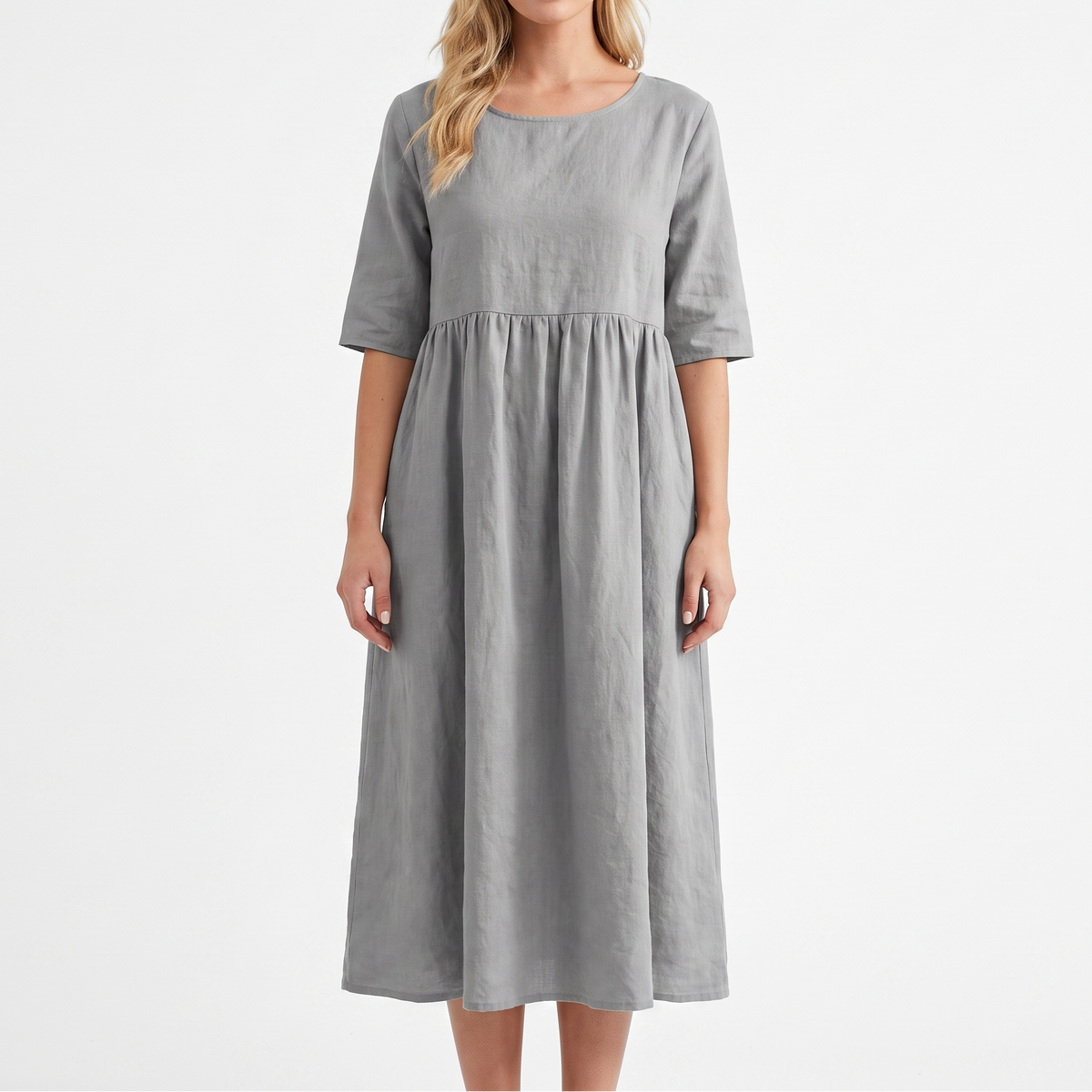 Women's Linen Maxi Dress Short Sleeve Empire Waist Relaxed Pockets