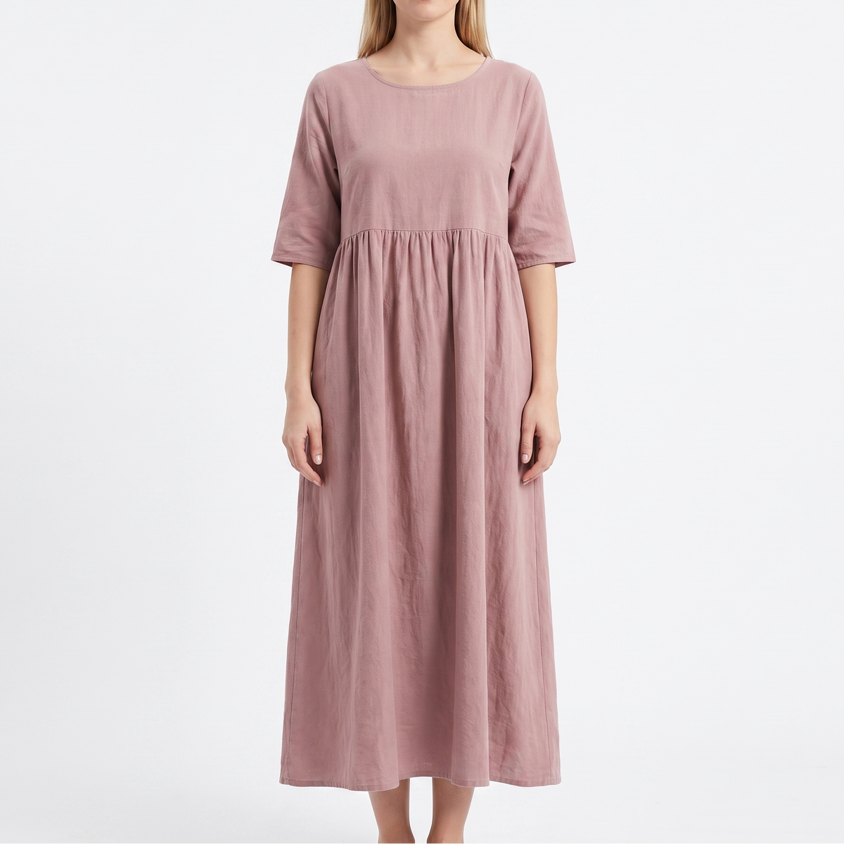Women's Linen Maxi Dress Short Sleeve Empire Waist Relaxed Pockets