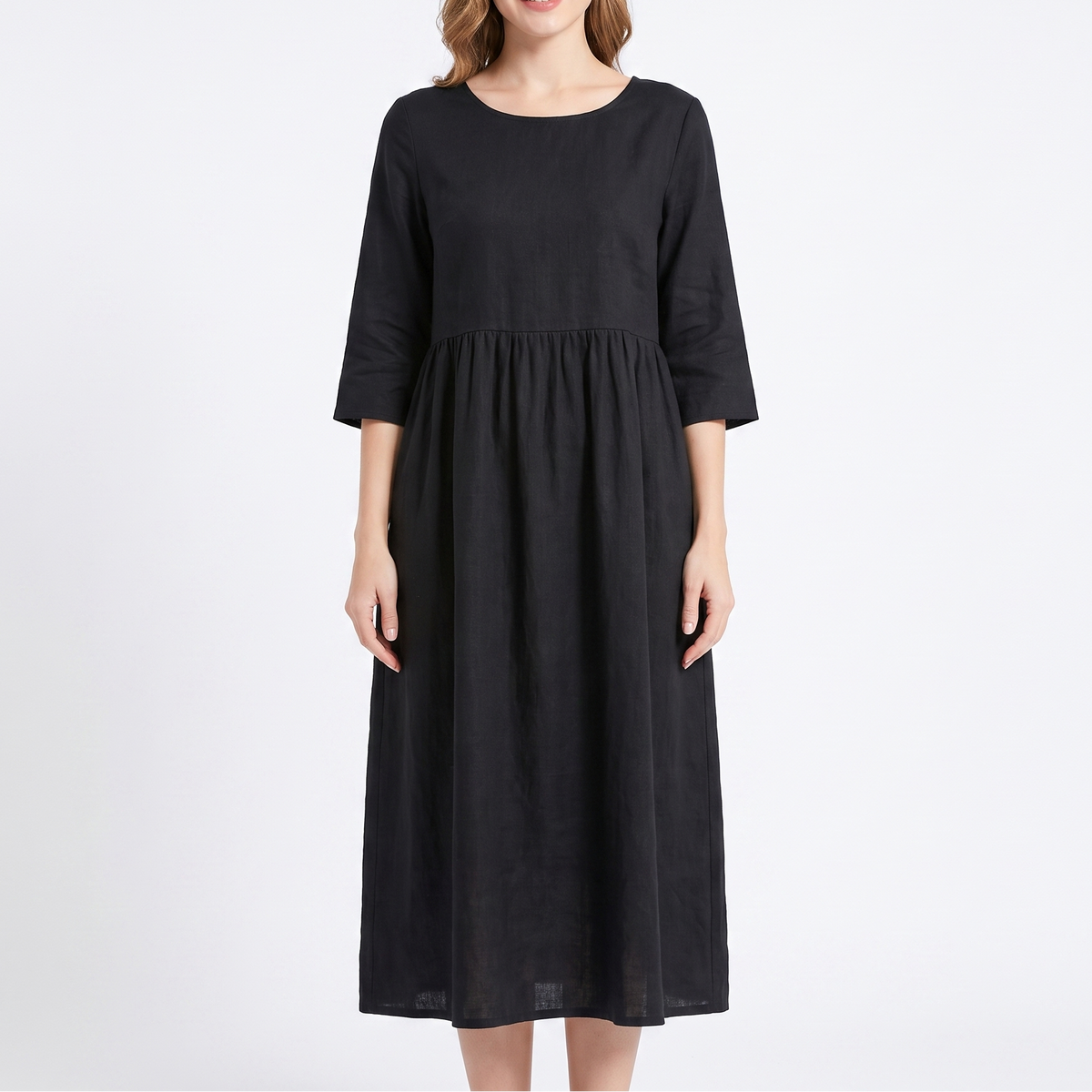 Women's Linen Maxi Dress Short Sleeve Empire Waist Relaxed Pockets