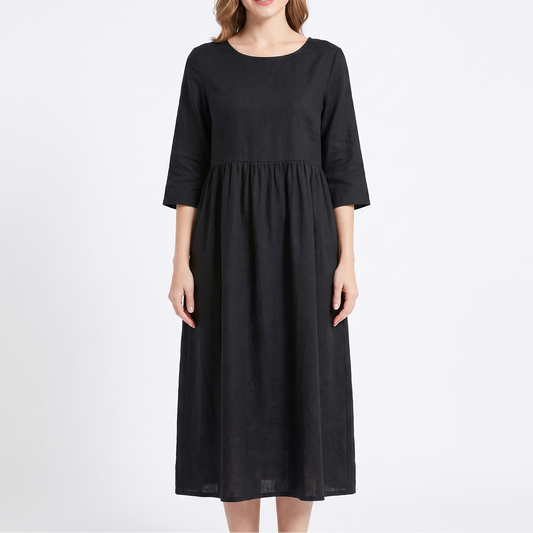 Women's Linen Maxi Dress Short Sleeve Empire Waist Relaxed Pockets