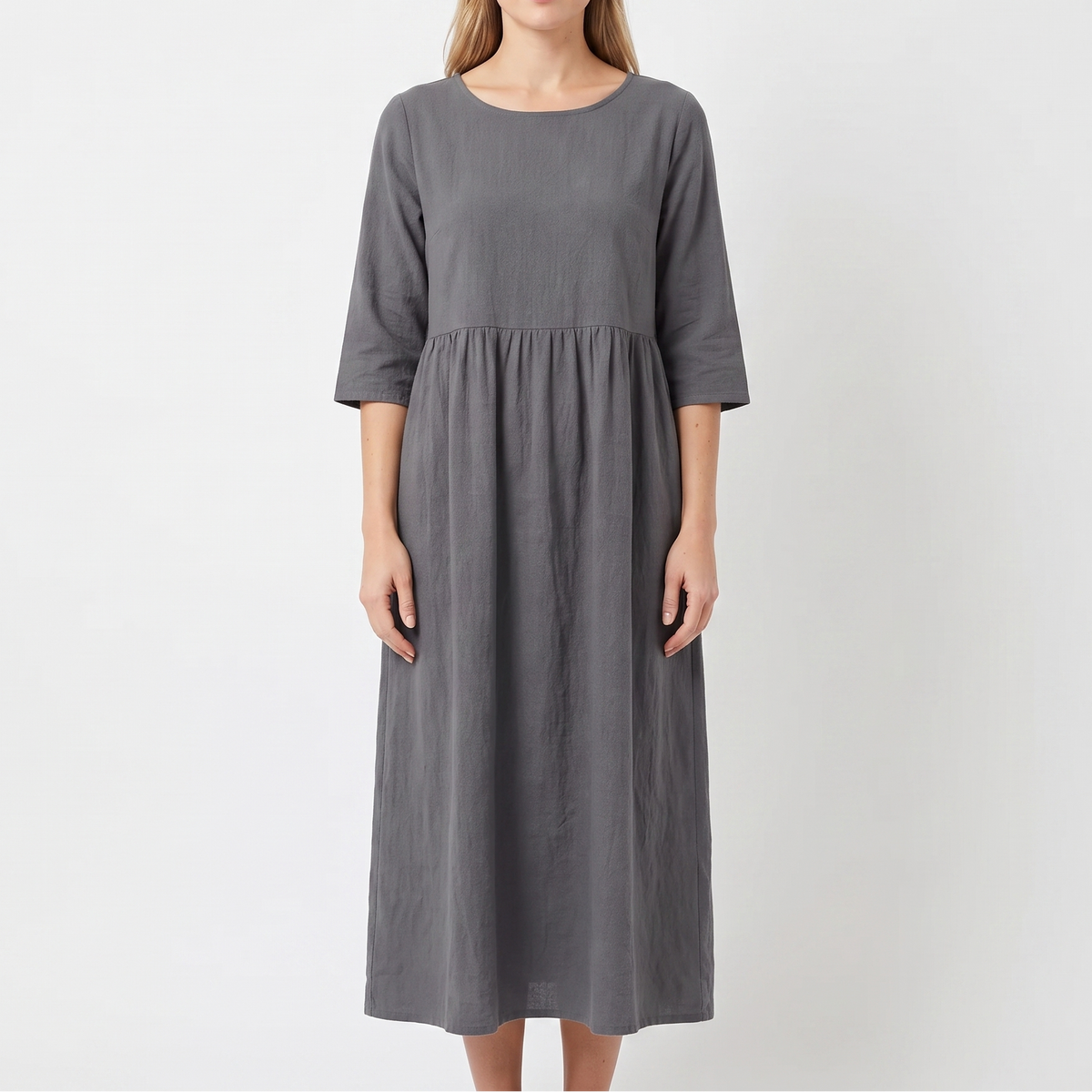 Women's Linen Maxi Dress Short Sleeve Empire Waist Relaxed Pockets