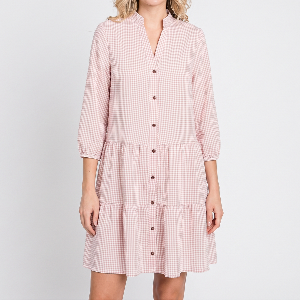 Women's Gingham Shirt Dress Button Up Tiered Ruffle Hem Smock Mini