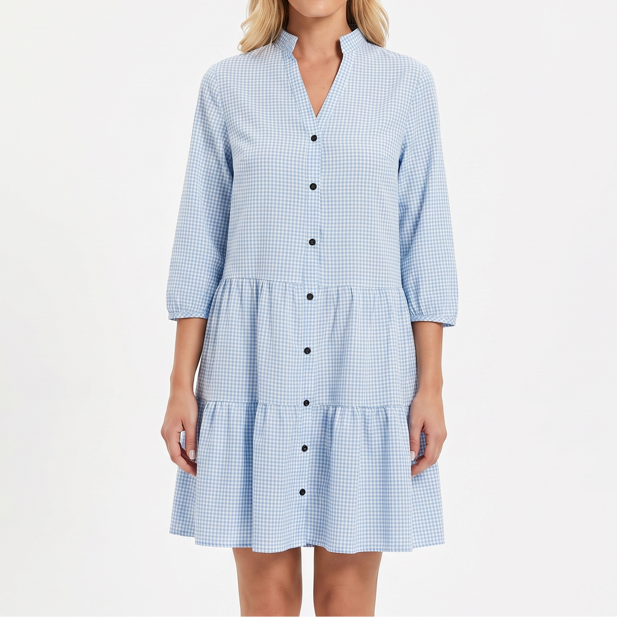 Women's Gingham Shirt Dress Button Up Tiered Ruffle Hem Smock Mini