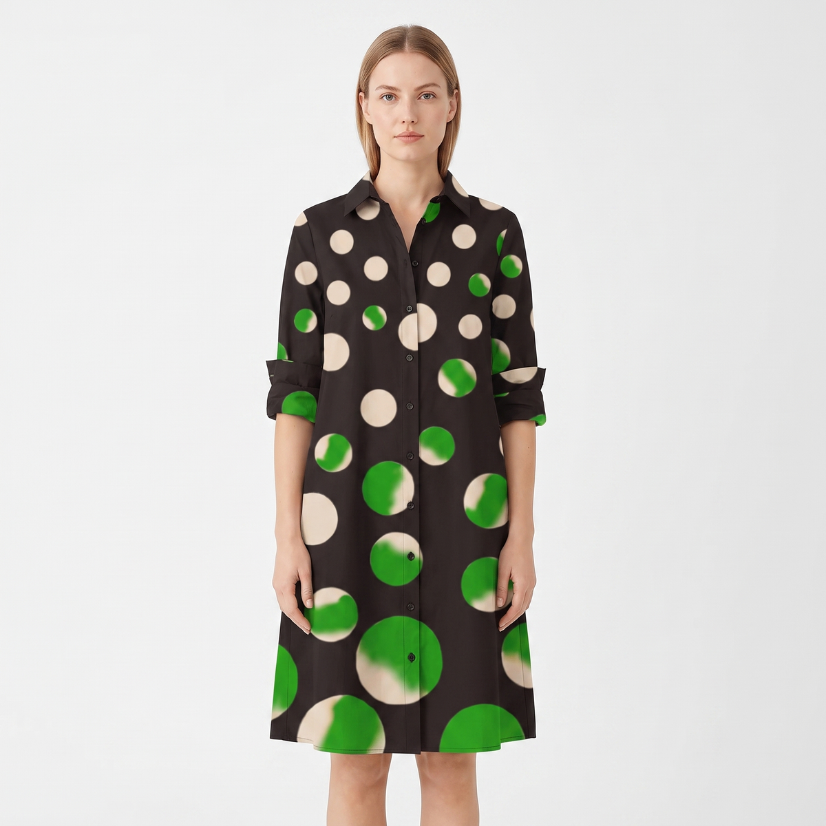 Women's Shirt Dress Colour Block Long Sleeve Collared A Line Midi