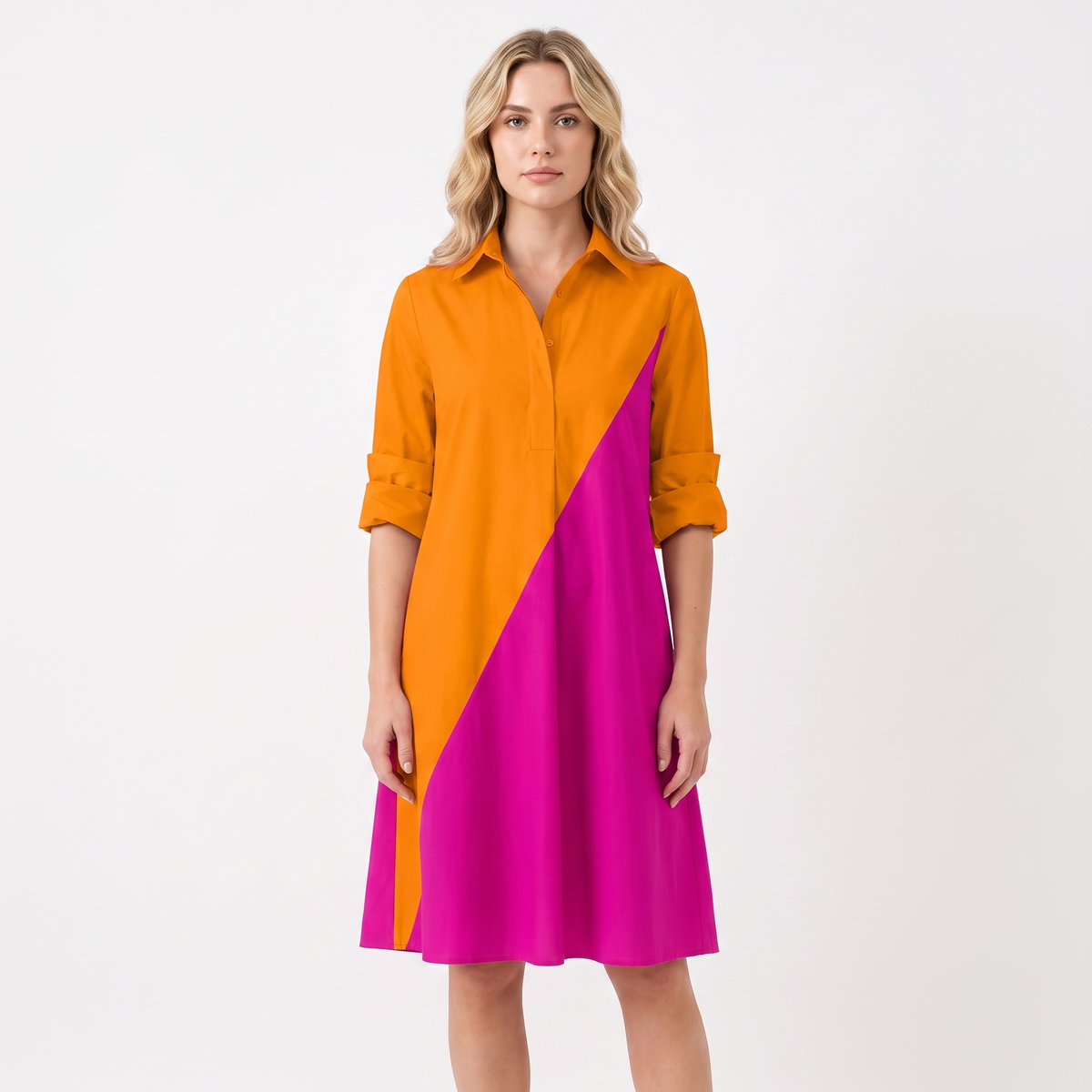Women's Shirt Dress Colour Block Long Sleeve Collared A Line Midi