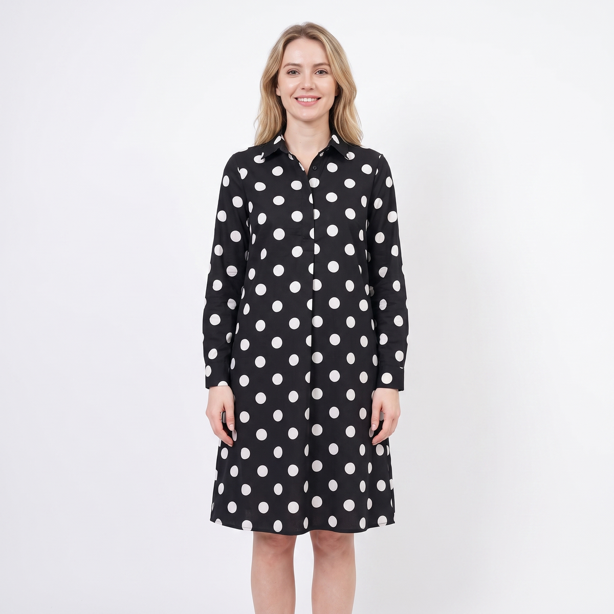 Women's Shirt Dress Colour Block Long Sleeve Collared A Line Midi