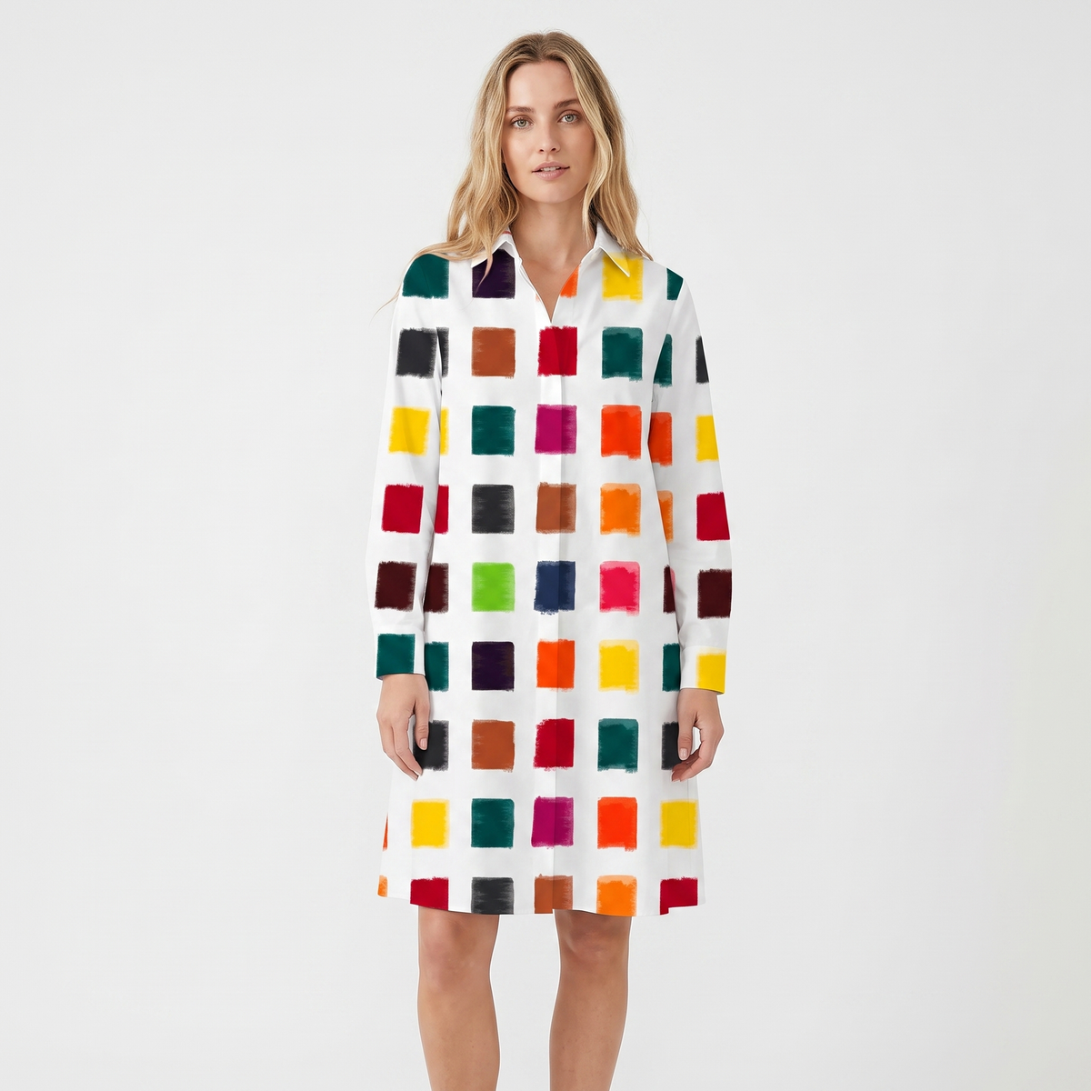 Women's Shirt Dress Colour Block Long Sleeve Collared A Line Midi