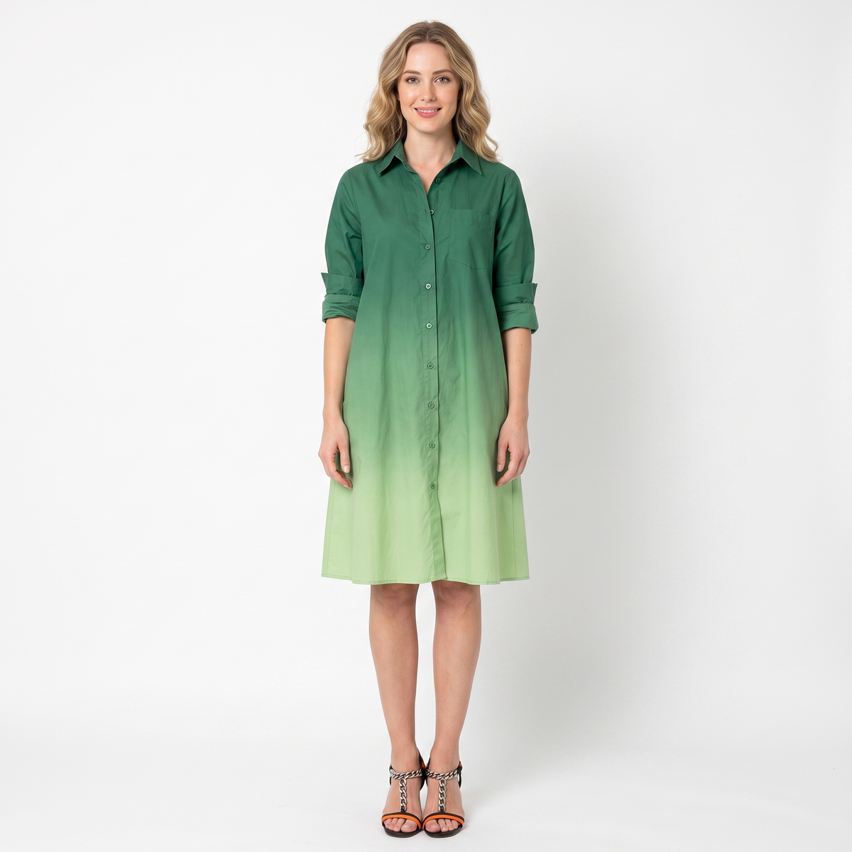 Women's Shirt Dress Colour Block Long Sleeve Collared A Line Midi