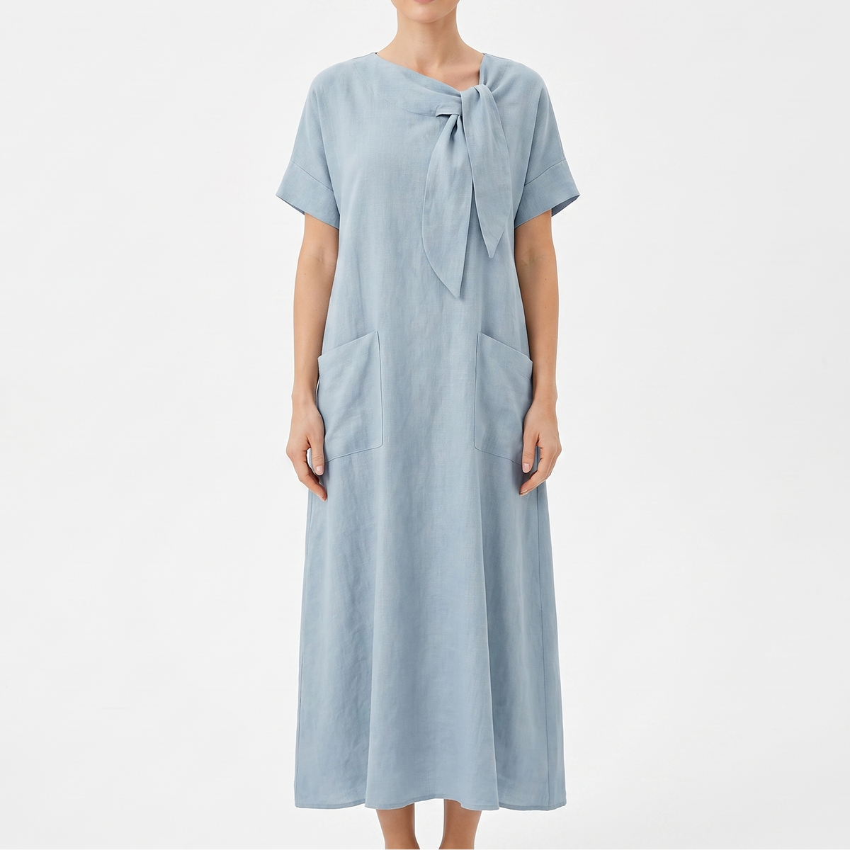Women's Linen Maxi Dress Tie Neck Short Sleeve Relaxed Fit Pockets