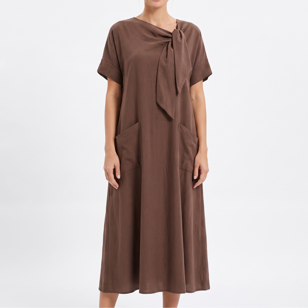 Women's Linen Maxi Dress Tie Neck Short Sleeve Relaxed Fit Pockets