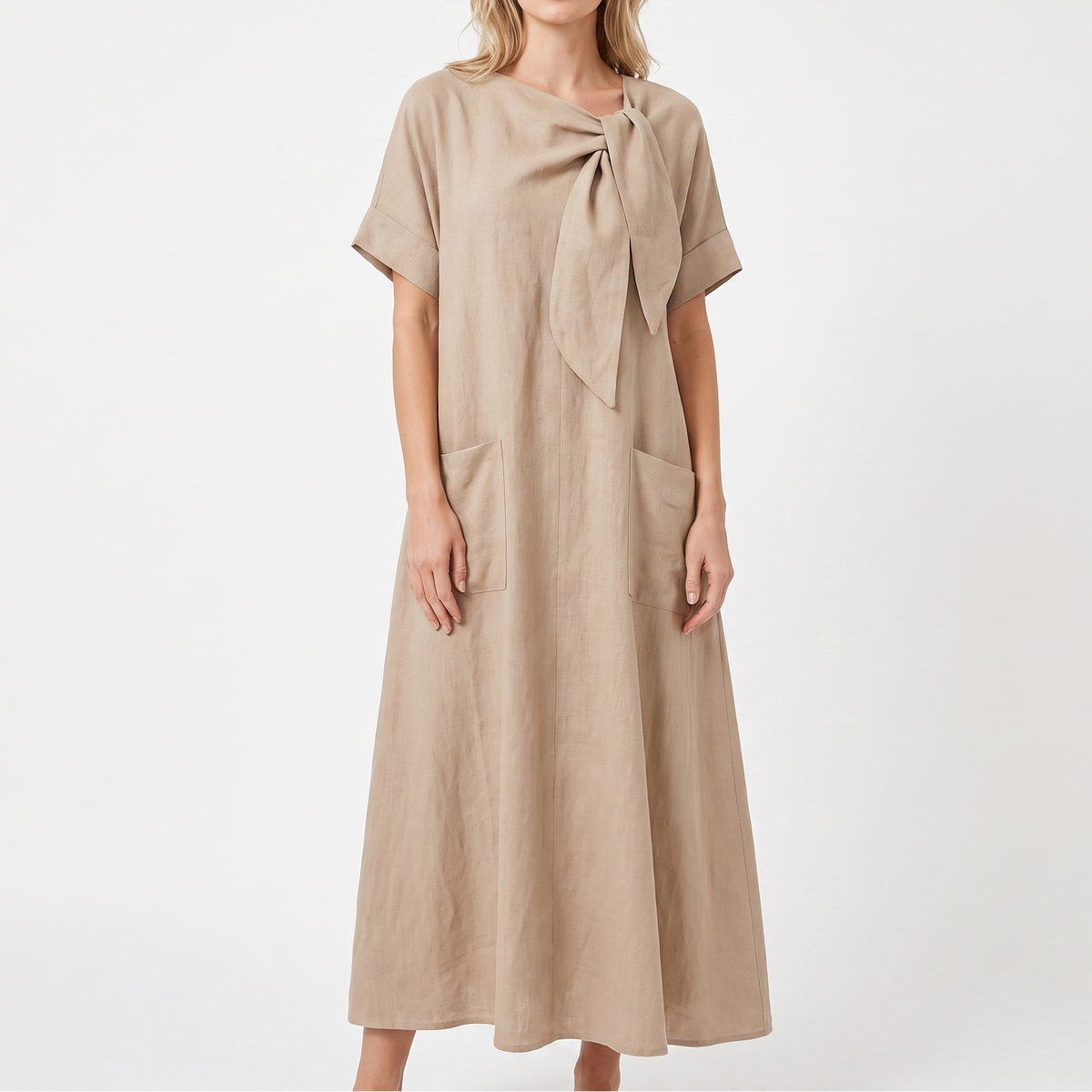 Women's Linen Maxi Dress Tie Neck Short Sleeve Relaxed Fit Pockets