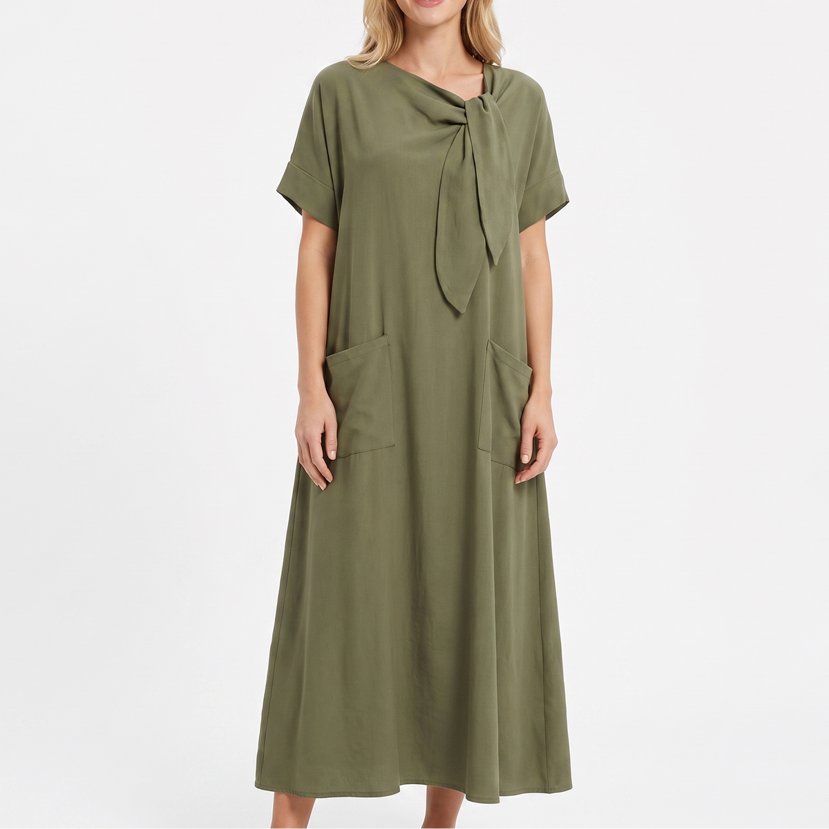 Women's Linen Maxi Dress Tie Neck Short Sleeve Relaxed Fit Pockets