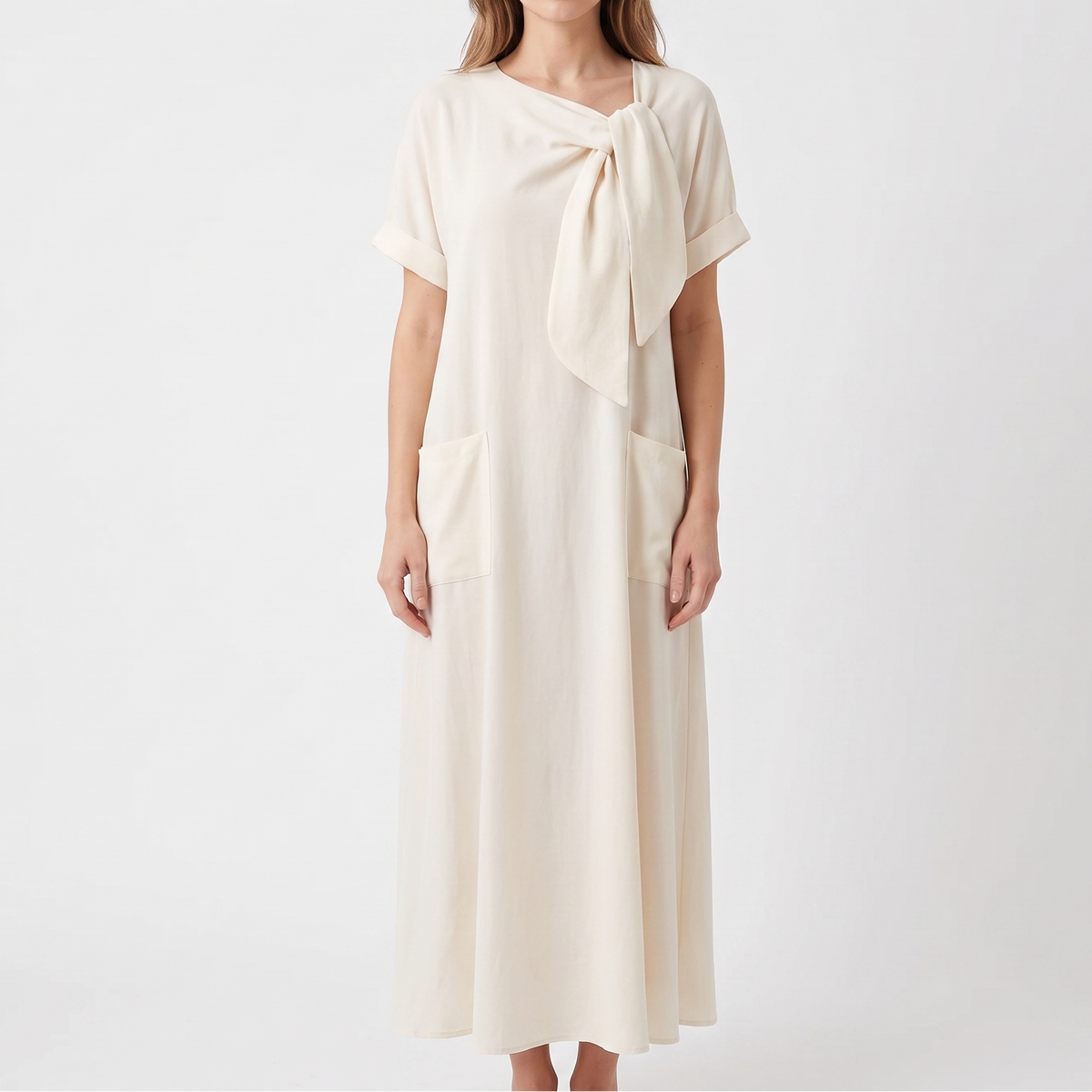 Women's Linen Maxi Dress Tie Neck Short Sleeve Relaxed Fit Pockets