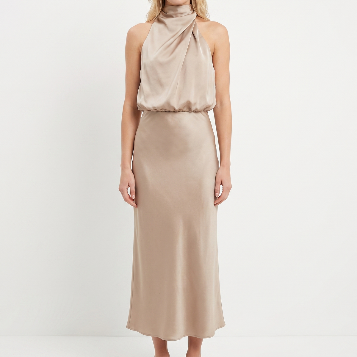 Women's Satin Slip Dress Halter Neck Draped Bodice Bias Cut Midi