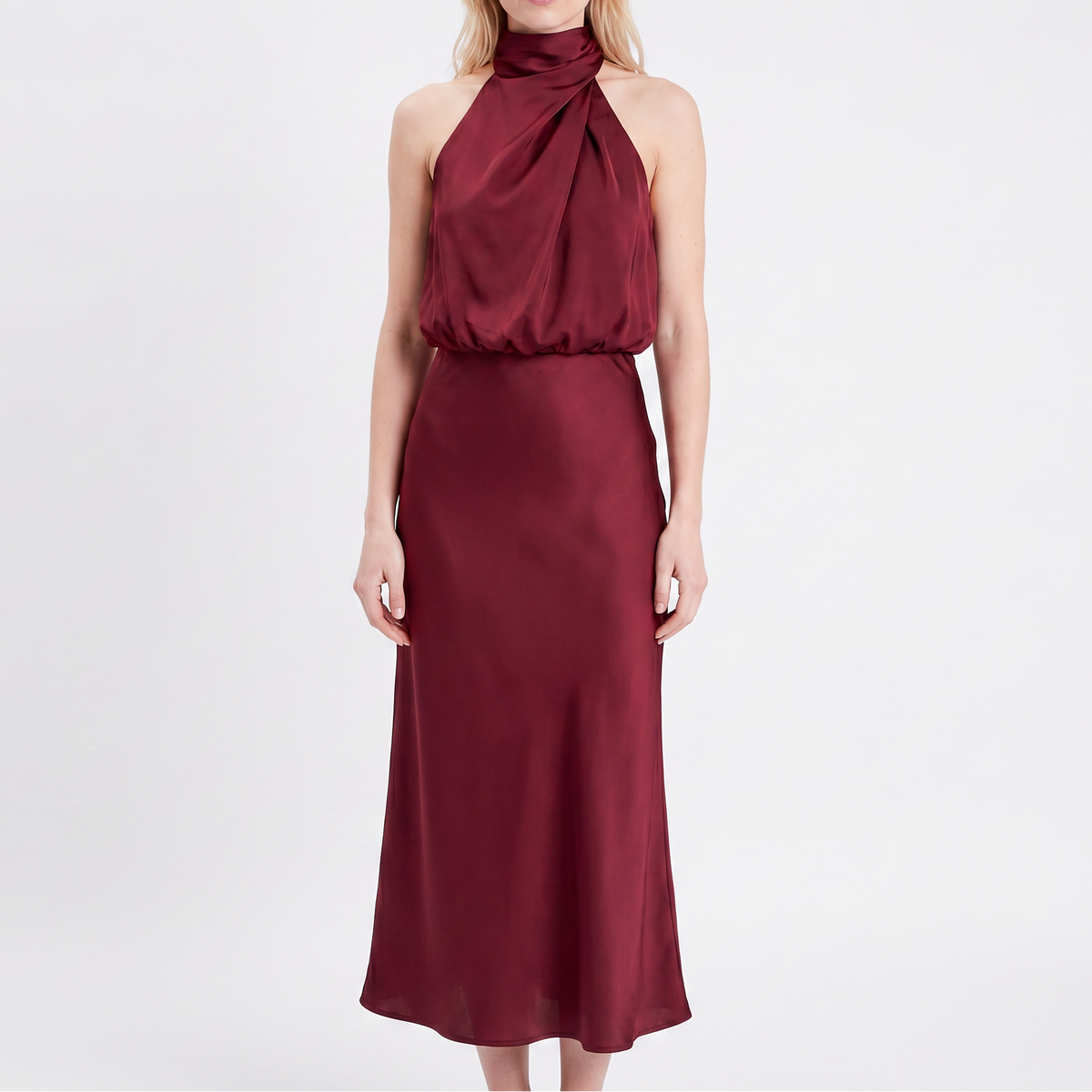 Women's Satin Slip Dress Halter Neck Draped Bodice Bias Cut Midi