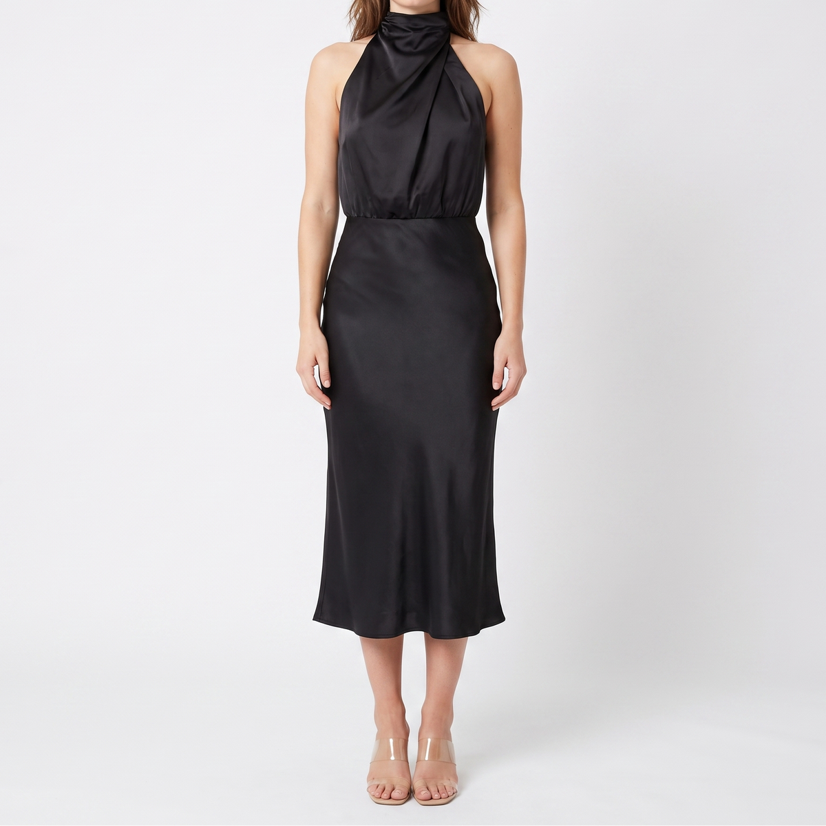 Women's Satin Slip Dress Halter Neck Draped Bodice Bias Cut Midi